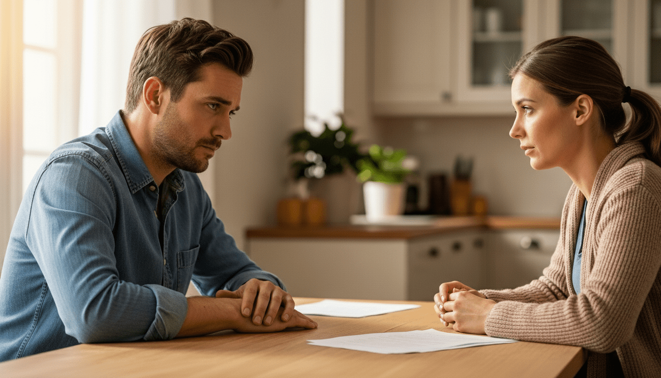 Pria dan wanita duduk di meja saling berhadapan dengan ekspresi serius dan kertas di depan mereka