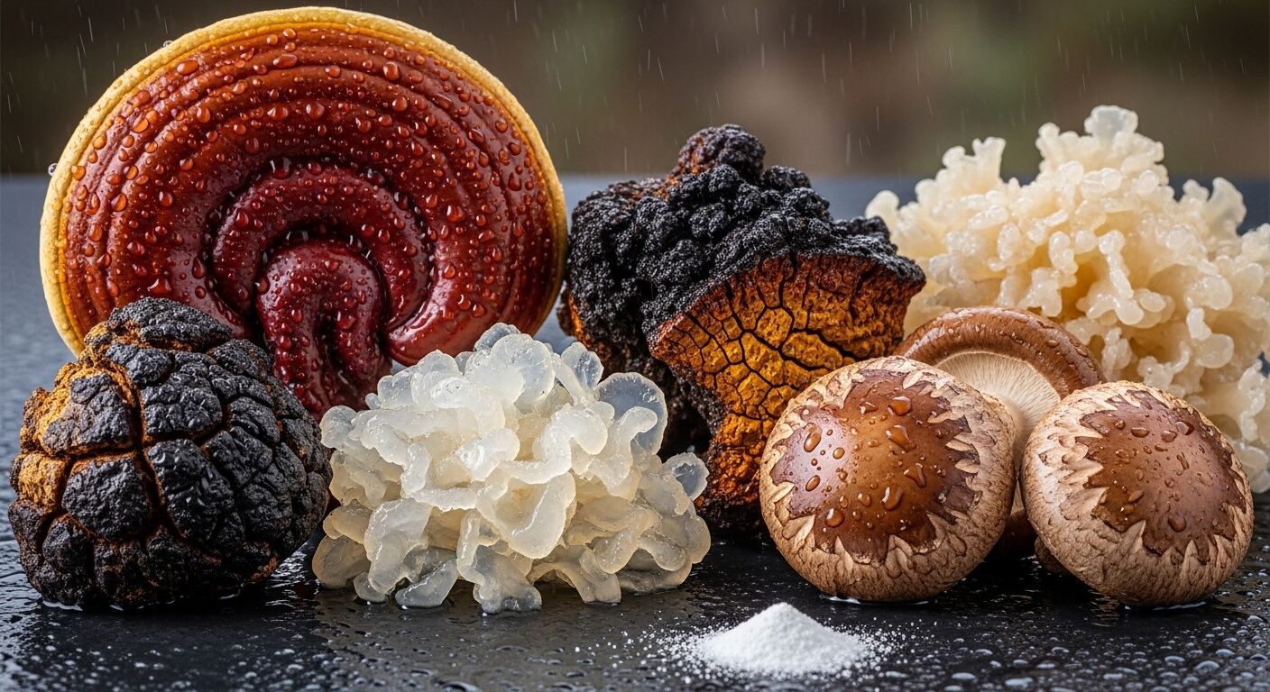 Berbagai jamur segar termasuk reishi, truffle hitam, jeli putih, dan shiitake dengan tetesan air di permukaan gelap