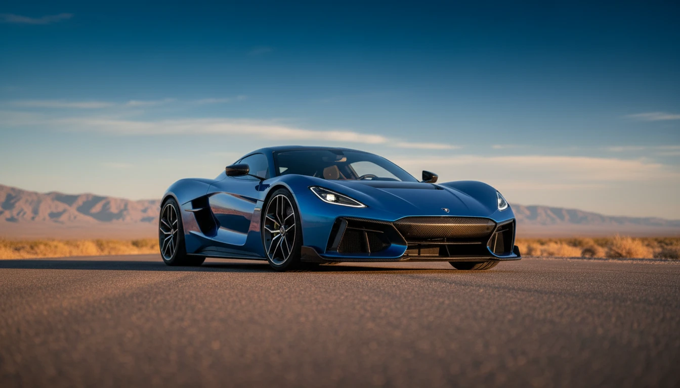 Hypercar listrik Blue Rimac Nevera diparkir di jalan gurun dengan latar belakang pegunungan saat matahari terbenam
