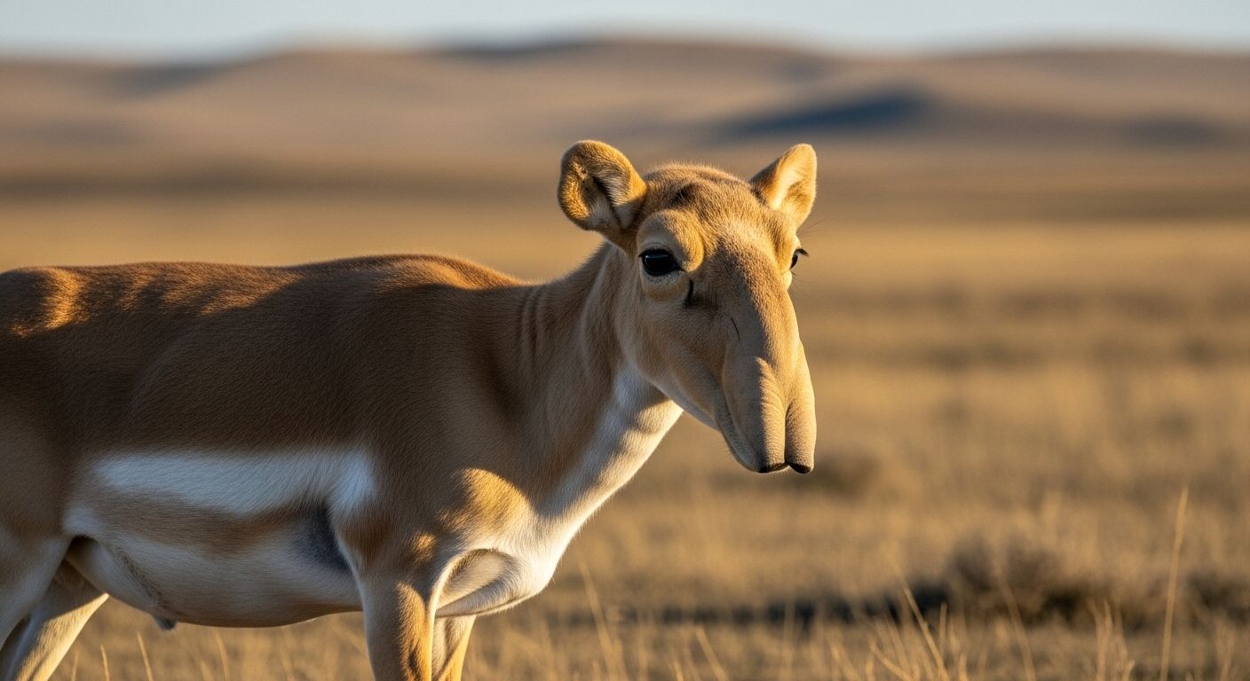 Kijang Saiga berdiri di padang rumput kering selama jam emas dengan latar belakang bukit kabur