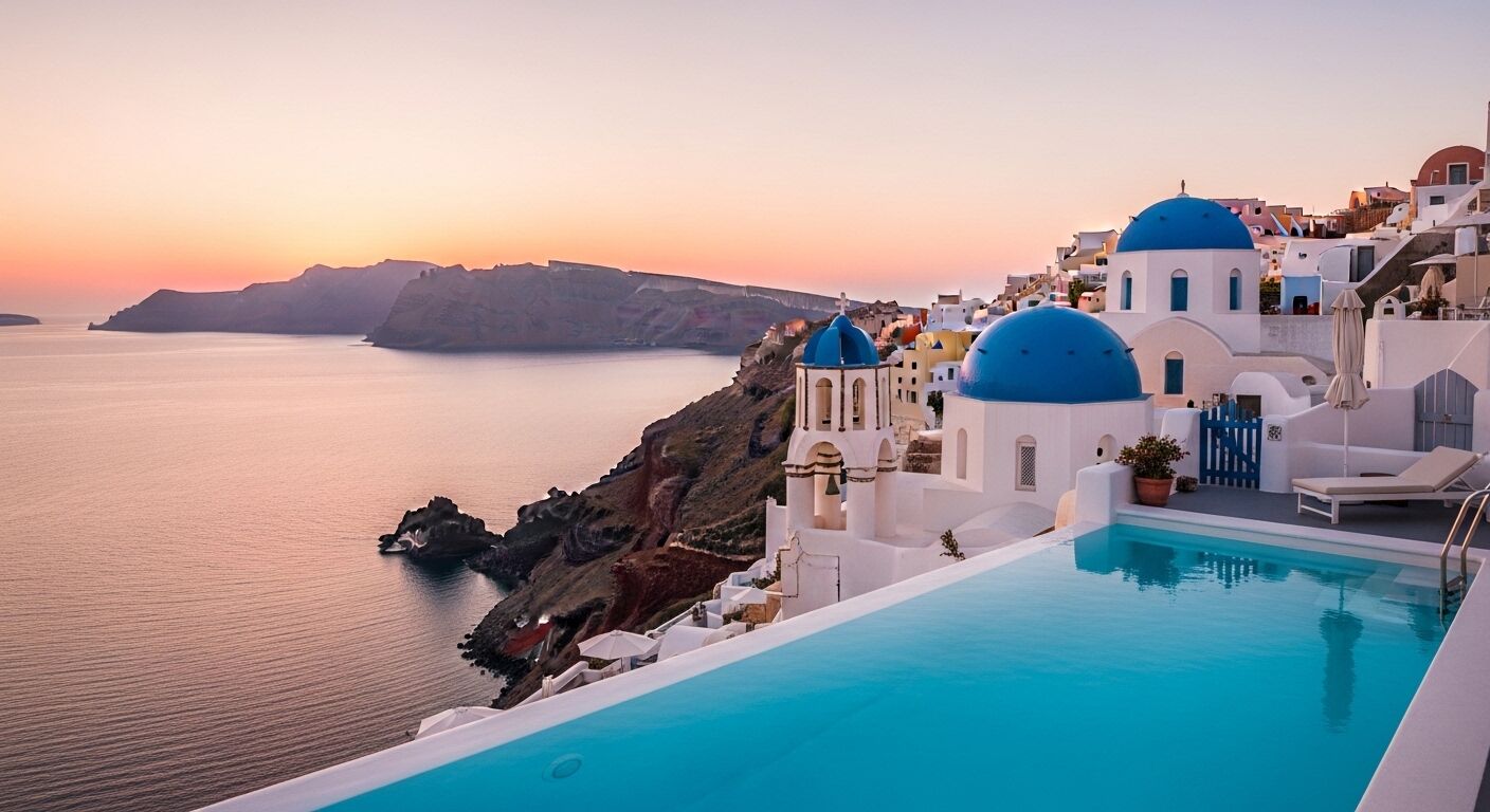 Kolam renang tanpa batas menghadap kaldera dan gereja berkubah biru di Santorini, Yunani saat matahari terbenam.
