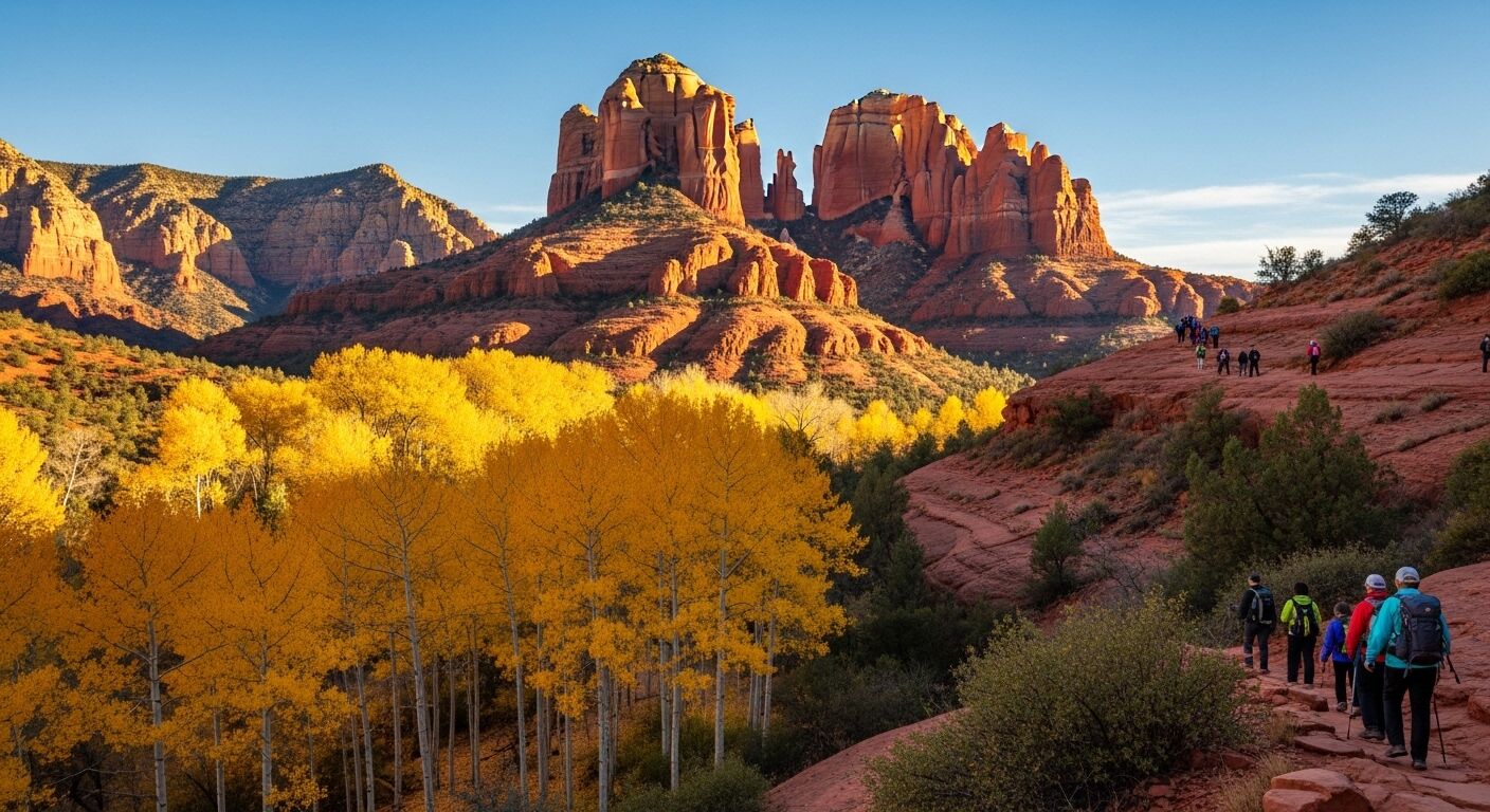 Pendaki berjalan di jalur batu merah dekat pohon musim gugur kuning dengan Cathedral Rock di Sedona, Arizona sebagai latar belakang.