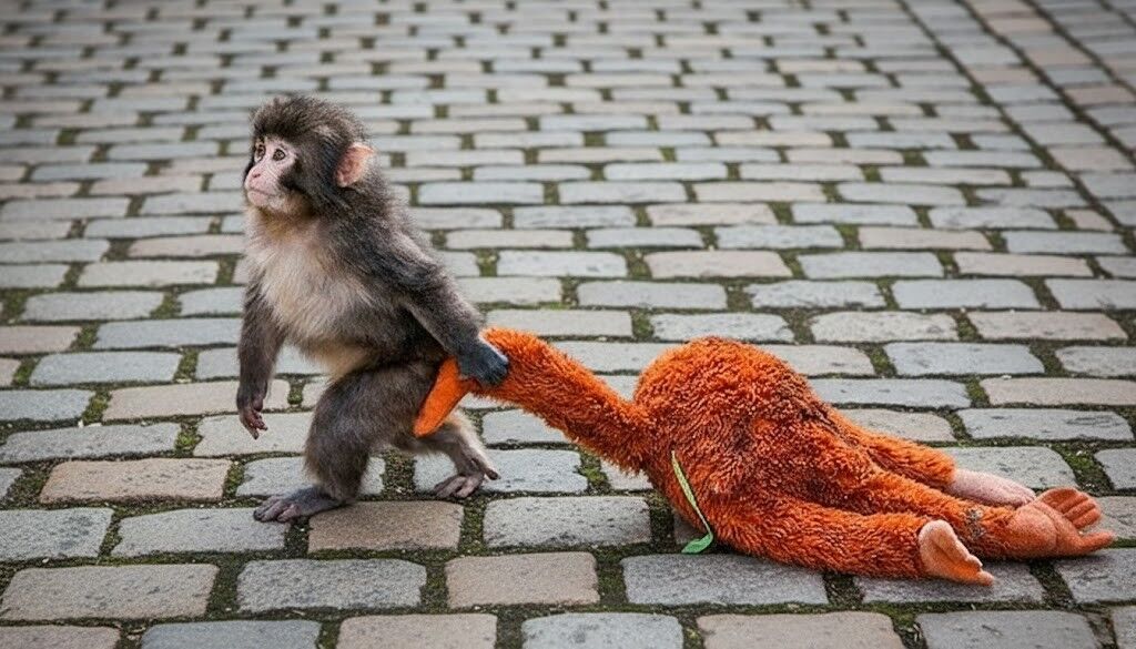 Monyet muda berjalan sambil memegang ekor boneka binatang berwarna oranye di jalan berbatu