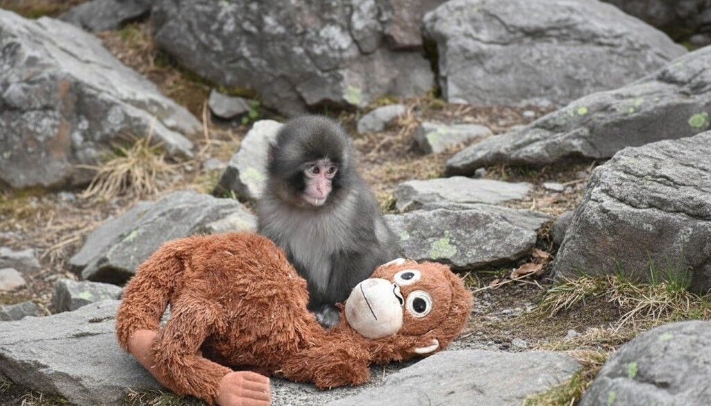 Bayi kera Jepang duduk di atas batu di samping boneka monyet besar berwarna coklat