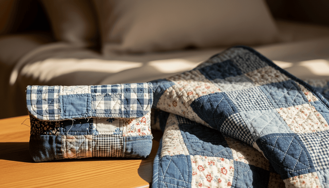 Selimut tambal sulam biru dan putih dan kantong kain serasi di permukaan kayu dengan pencahayaan lembut.