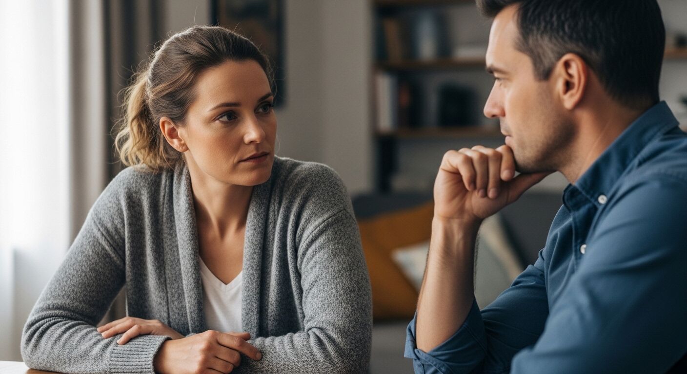 Wanita dan pria berbincang serius di dalam ruangan, wanita mengenakan kardigan abu-abu dan pria berkemeja biru.