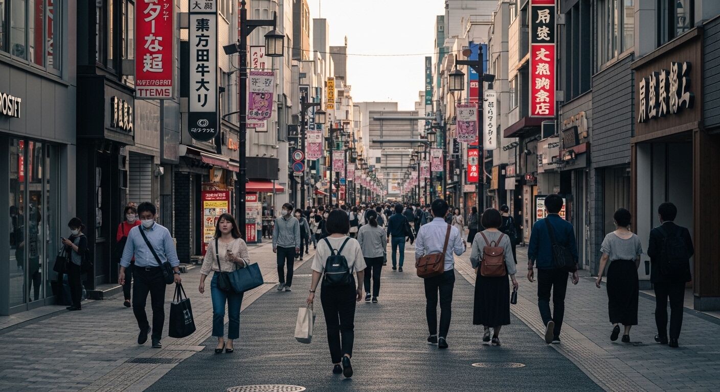 Jalan pejalan kaki yang ramai di Jepang dengan orang-orang berjalan kaki dan papan nama toko Jepang berjajar di kedua sisinya.
