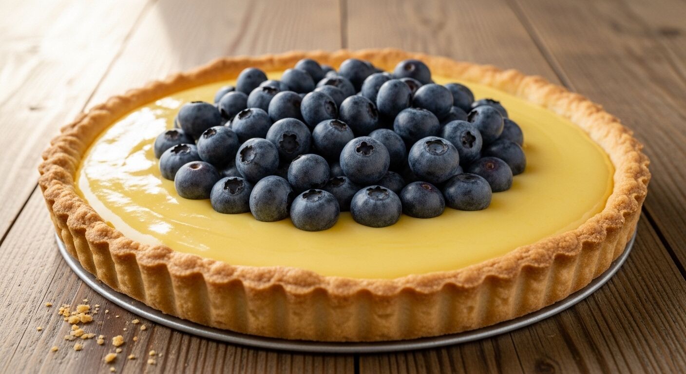Kue blueberry dengan isian puding di permukaan kayu dengan remah-remah di dekatnya