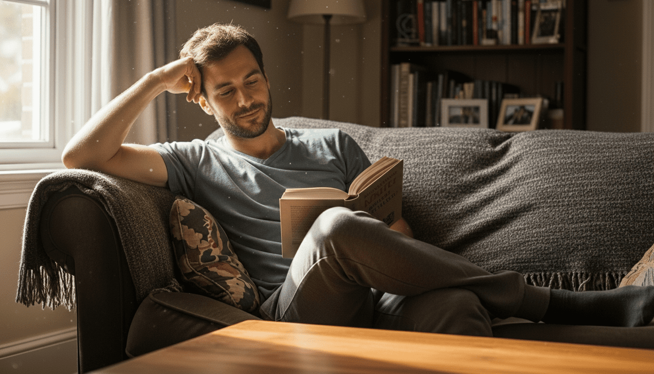 Pria berkemeja dan celana abu-abu membaca buku sambil duduk di sofa dekat jendela di ruang tamu yang nyaman
