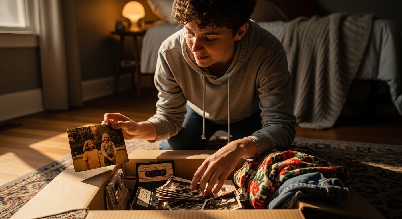 Seseorang dengan hoodie abu-abu sedang memilah-milah foto-foto lama dan kaset-kaset dalam kotak kardus di atas permadani di kamar tidur