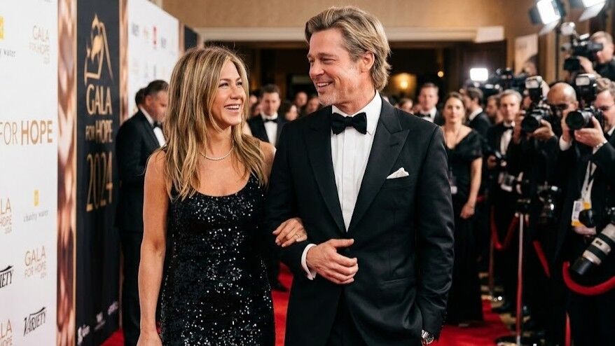 Jennifer Aniston dan Brad Pitt tersenyum dan berjalan bergandengan tangan di karpet merah Gala for Hope 2024