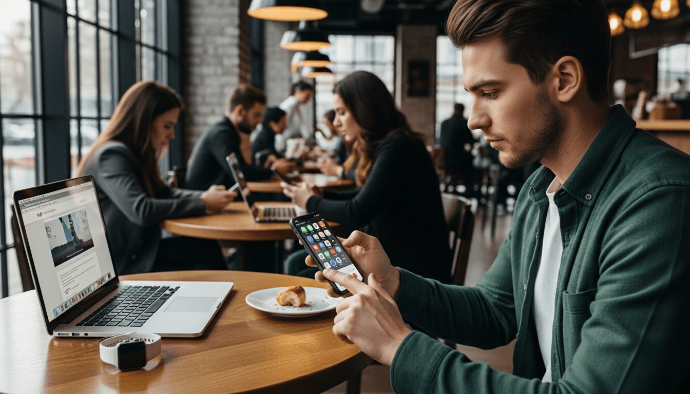 Pria berkemeja hijau menggunakan iPhone di meja kafe dengan laptop dan piring kue, yang lain bekerja di latar belakang