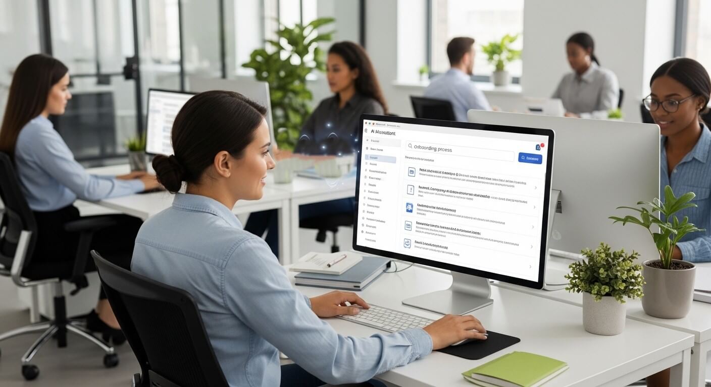 Wanita menggunakan perangkat lunak AI Mossistant pada komputer desktop di kantor modern dengan rekan kerja yang bekerja di dekatnya