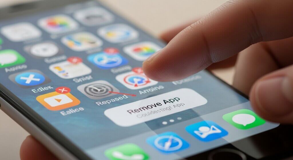 Jari hendak menghapus aplikasi Couldesingt di layar ponsel cerdas dengan beberapa ikon aplikasi terlihat.