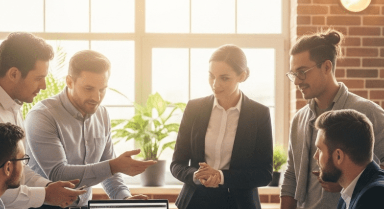 Sekelompok enam profesional mendiskusikan pekerjaan di sekitar laptop di kantor terang dengan jendela besar dan tanaman.