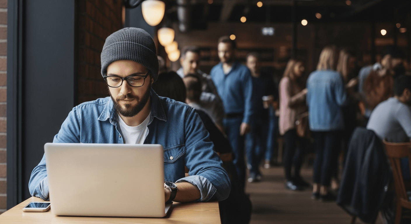 Pria berkacamata dan beanie mengerjakan laptop di kedai kopi yang sibuk.