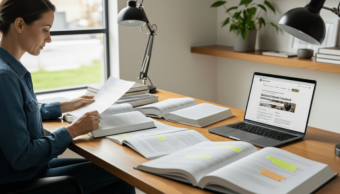 Wanita membaca dokumen di meja dengan buku terbuka dan laptop yang menampilkan situs peternakan.