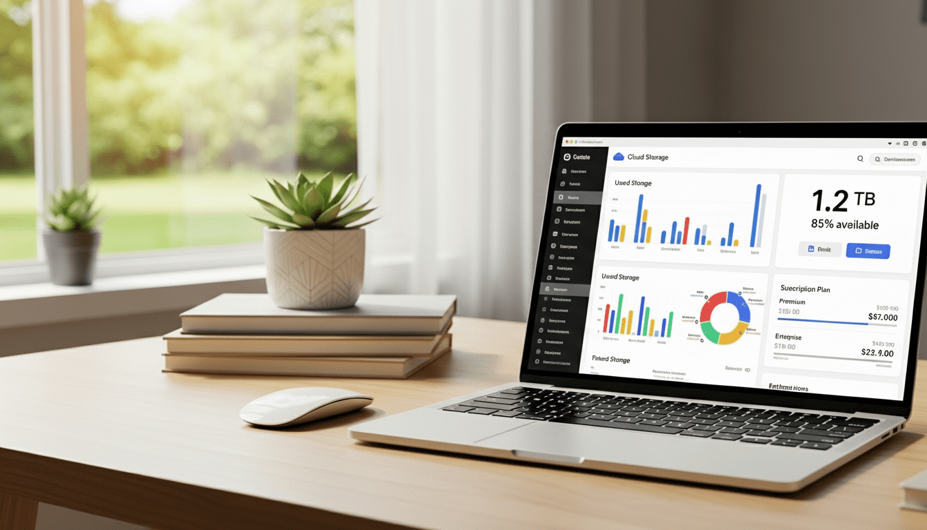 Laptop di meja kayu menampilkan dasbor penyimpanan cloud dengan grafik dan penyimpanan tersedia 1,2 TB, di samping tanaman pot dan buku