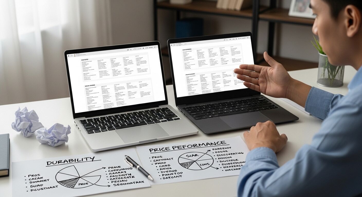 Orang menganalisis grafik daya tahan dan kinerja harga dengan dua laptop yang menampilkan data di atas meja.