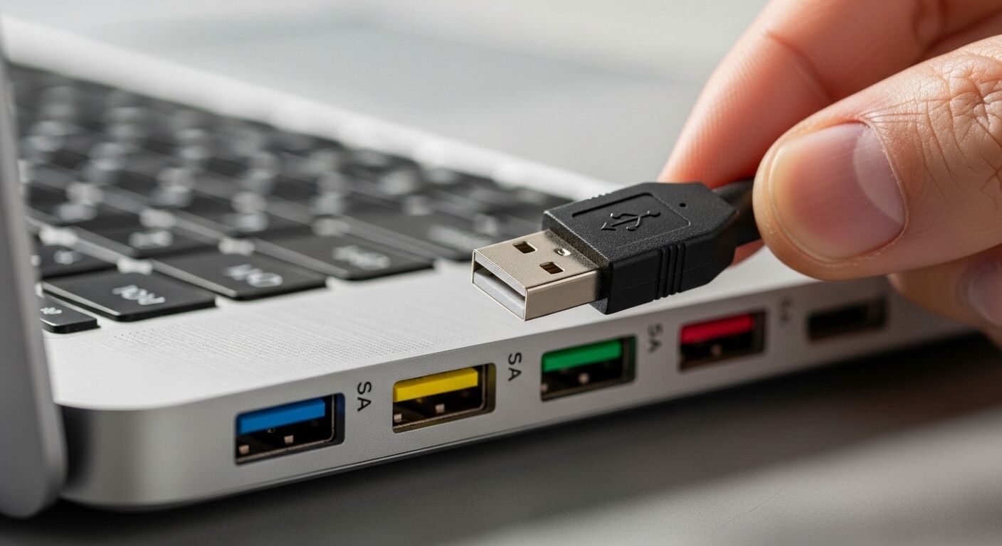 Tangan memegang colokan USB-A di dekat port USB multi-warna laptop.