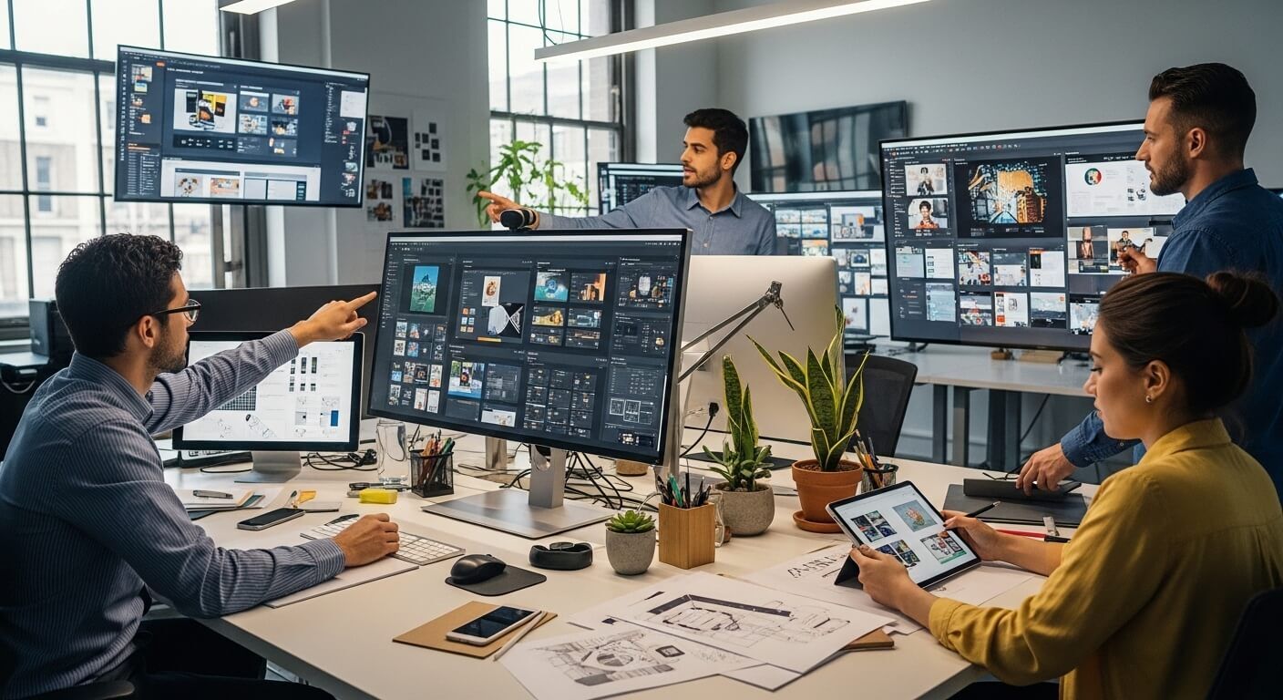 Empat desainer berkolaborasi dalam proyek digital yang ditampilkan di beberapa monitor dan tablet di kantor modern.