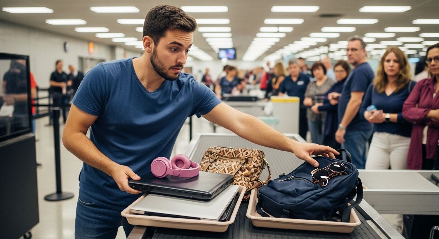 Seorang pria menempatkan ransel dengan kacamata hitam di ban berjalan keamanan di pos pemeriksaan bandara dengan laptop dan headphone di dekatnya.