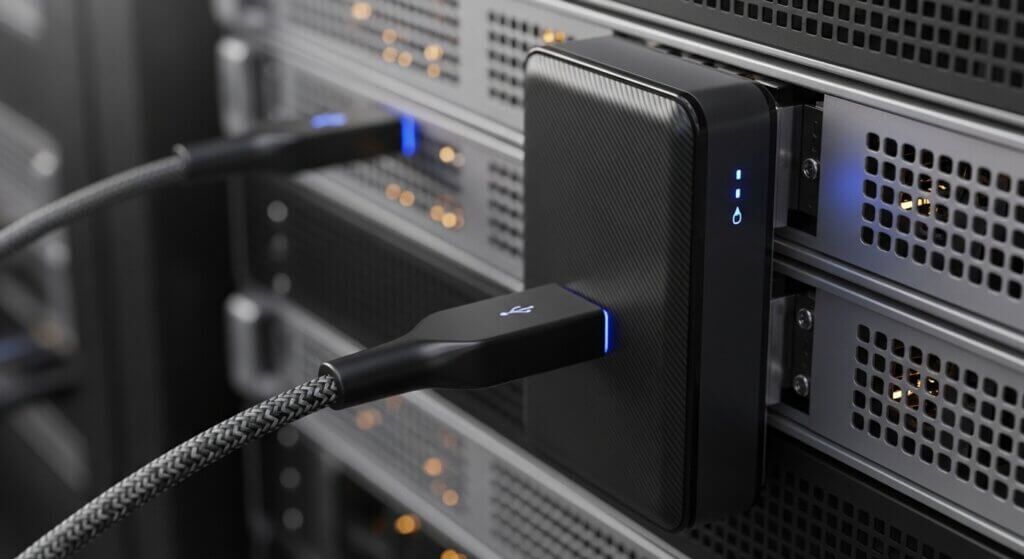 Solid-state drive eksternal terhubung ke rak server dengan kabel USB jalinan dan lampu indikator biru.