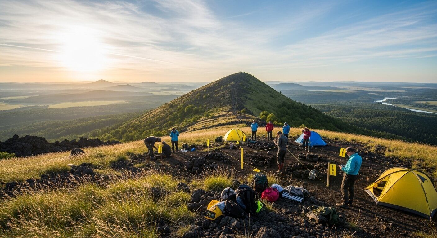 Para arkeolog menggali situs di puncak bukit berumput dengan tenda kuning dan biru serta pemandangan gunung dan sungai yang indah saat matahari terbit.