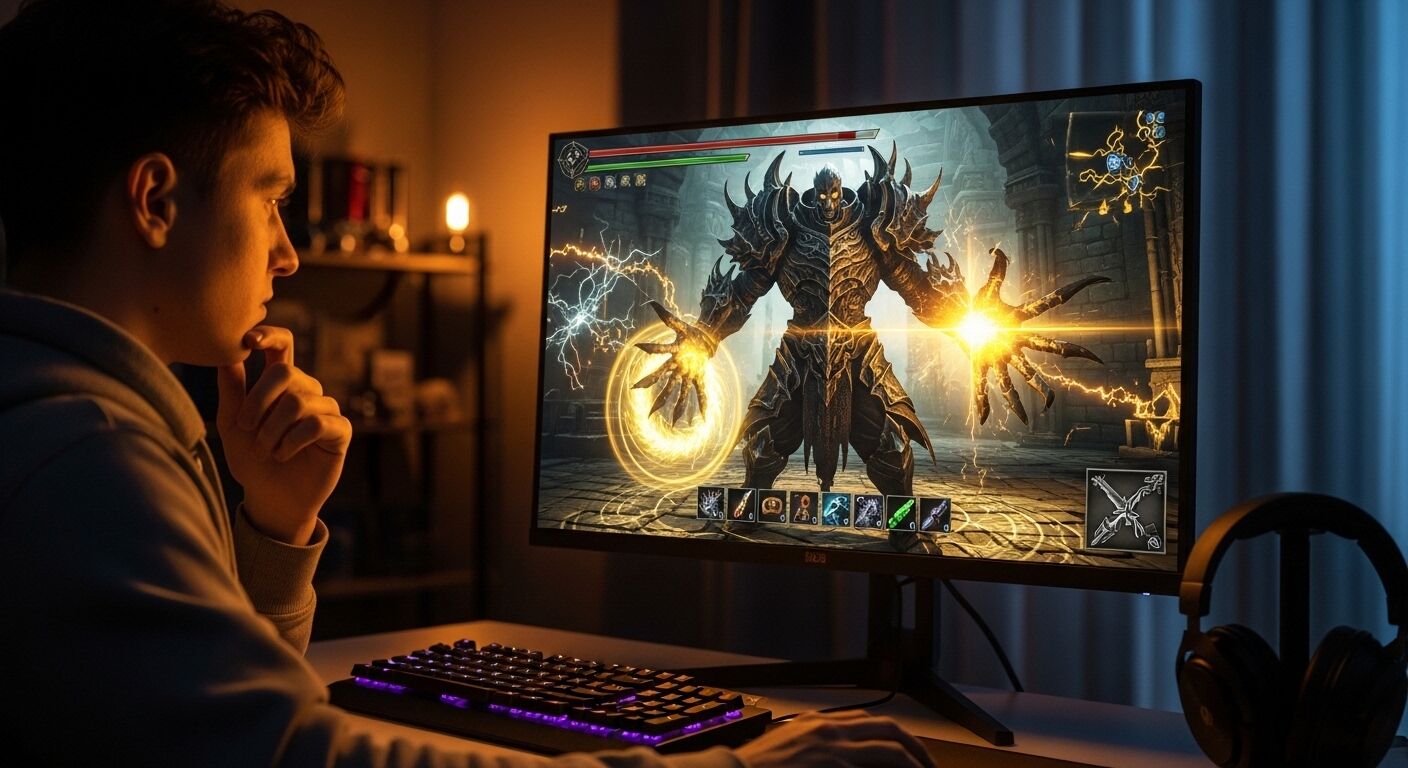 Anak muda memainkan video game aksi fantasi yang menampilkan makhluk lapis baja gelap yang mengeluarkan mantra magis pada monitor layar lebar.