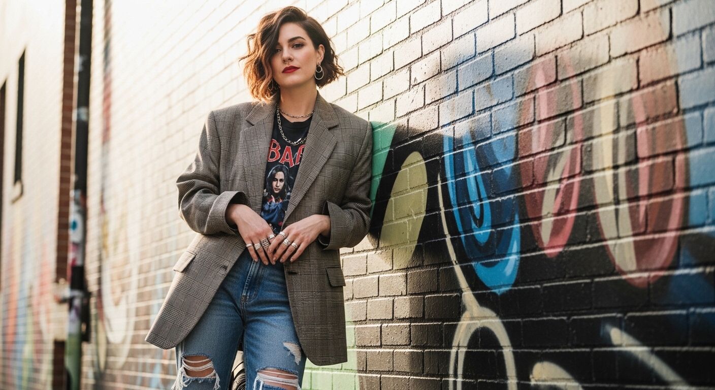 Wanita berambut pendek bergelombang mengenakan blazer kotak-kotak dan celana jeans robek bersandar di dinding bata yang dipenuhi grafiti.