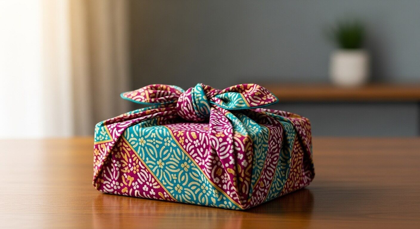 Kado dibungkus kain bermotif warna-warni menggunakan pembungkus furoshiki Jepang di atas meja kayu