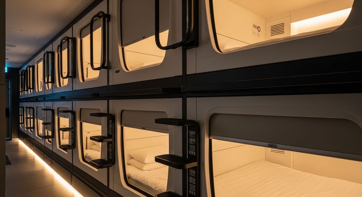 Pod hotel kapsul modern dengan pencahayaan interior hangat dan tangga hitam di lorong.