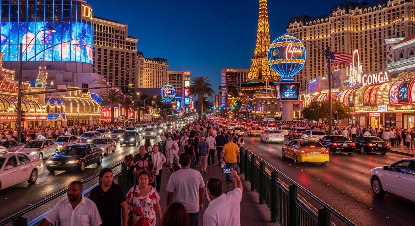 Las Vegas Strip yang ramai di malam hari dengan kasino yang menyala, lalu lintas, dan replika Menara Eiffel sebagai latar belakang.