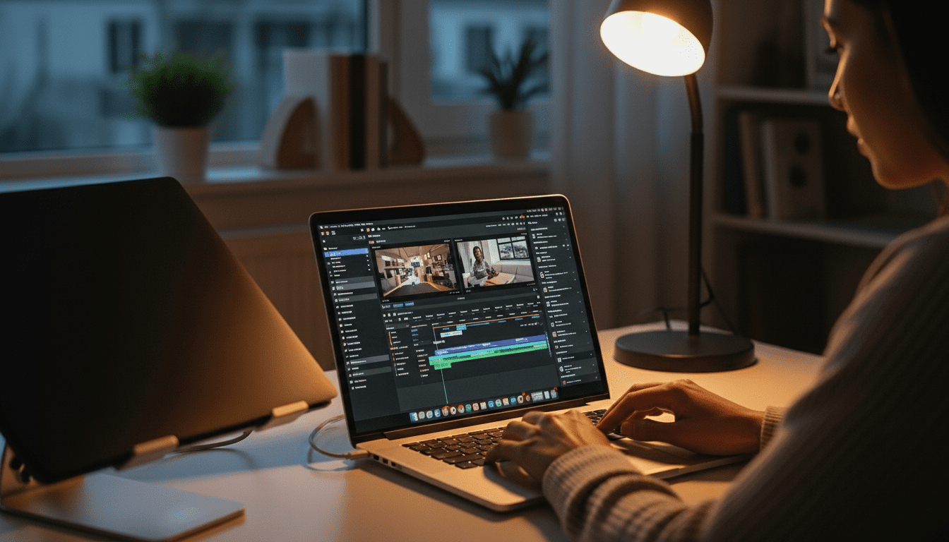 Orang mengedit video di laptop MacBook di ruangan remang-remang dengan lampu meja menyala