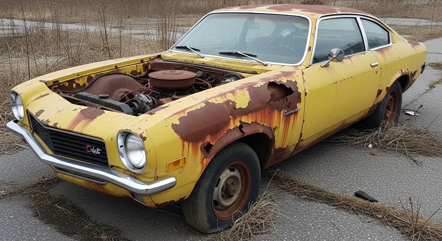 Chevrolet Nova kuning berkarat dengan kap hilang dan ban depan kempes ditinggalkan di trotoar retak