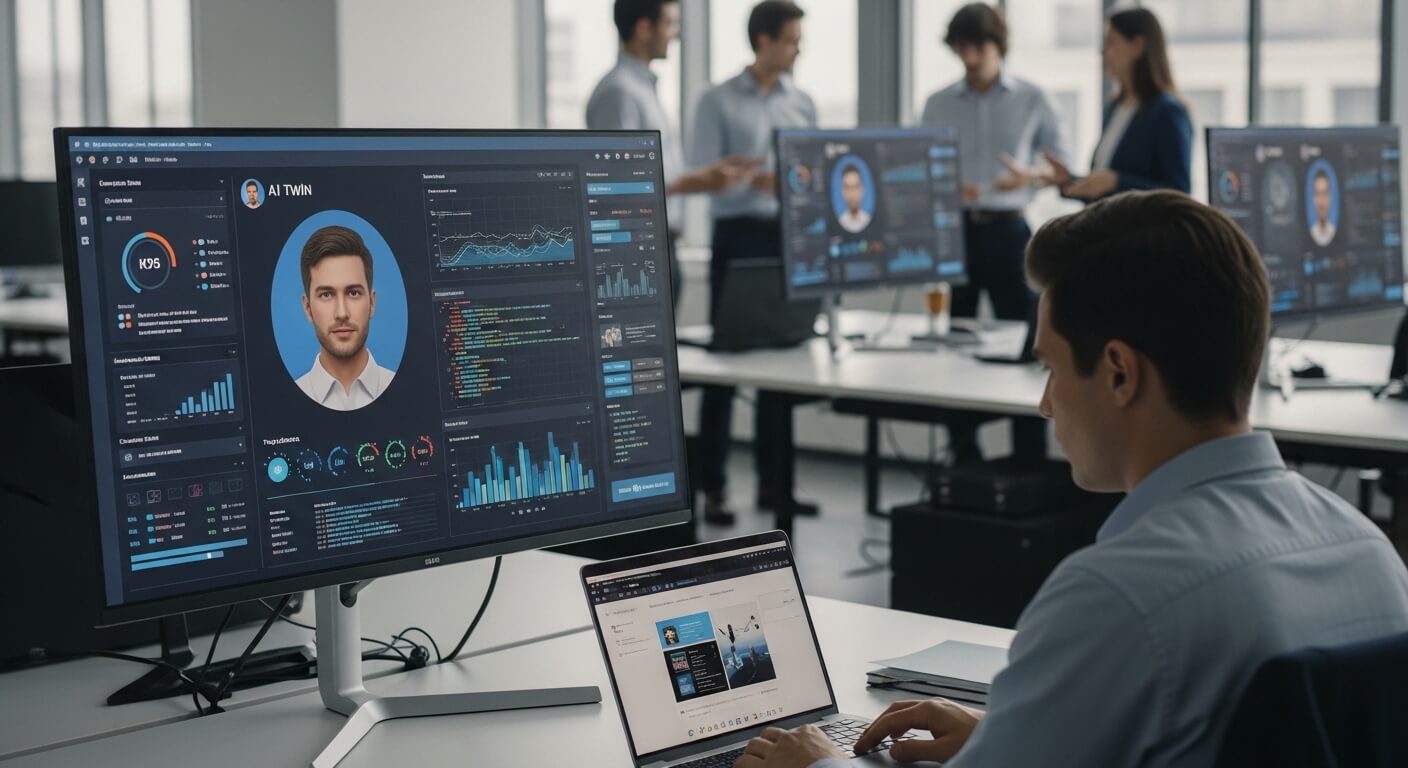 Pria yang mengerjakan analisis data AI Twin pada monitor LG besar di kantor modern dengan rekan kerja di latar belakang