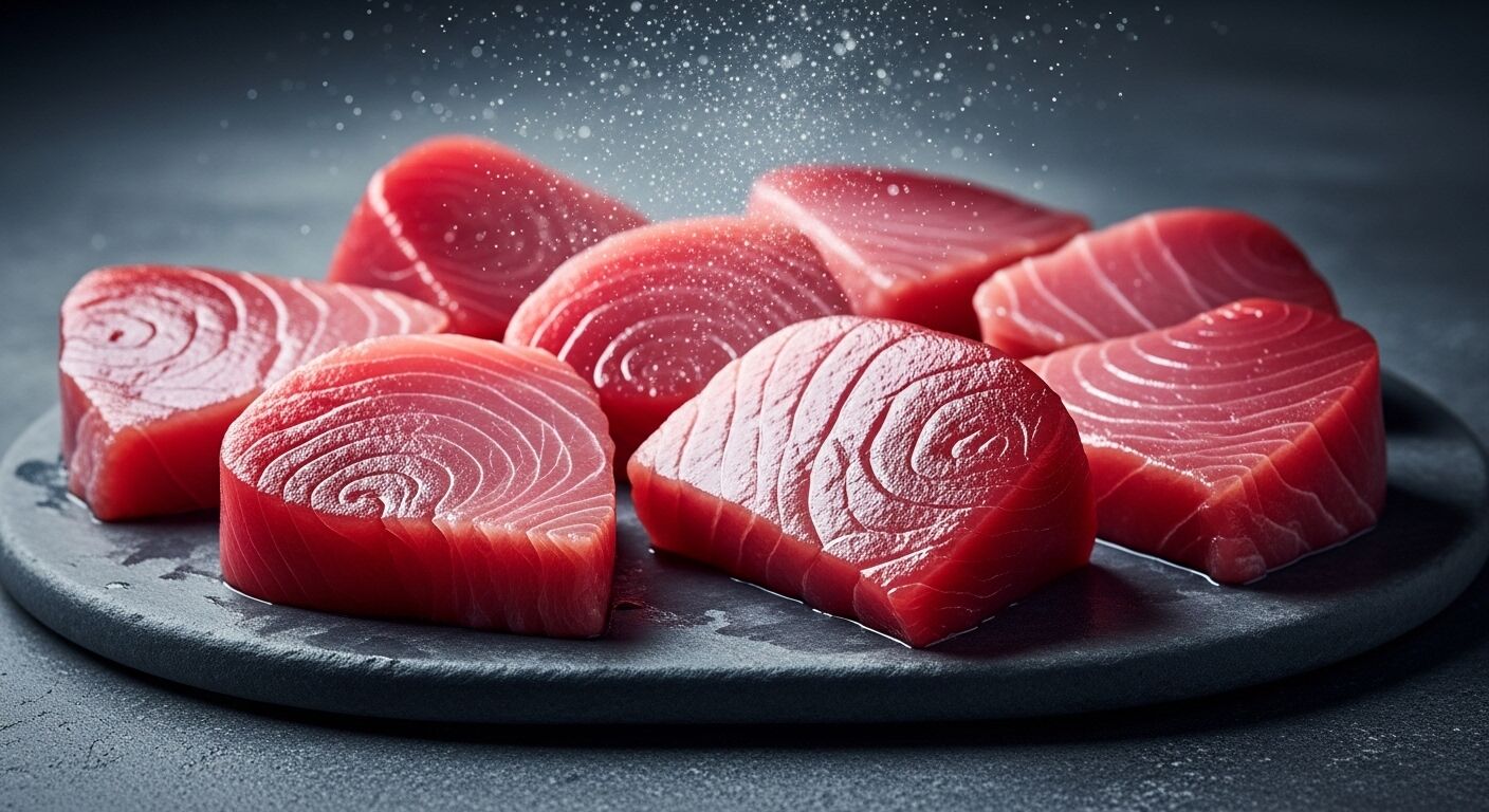 Tujuh steak tuna mentah di piring hitam dengan garam ditaburkan di atasnya