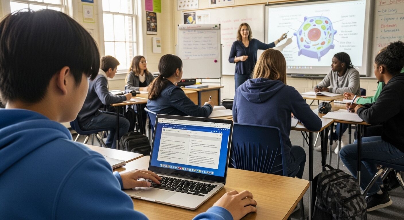 Siswa bertudung biru menggunakan laptop sementara guru menjelaskan biologi sel kepada beragam kelas SMA