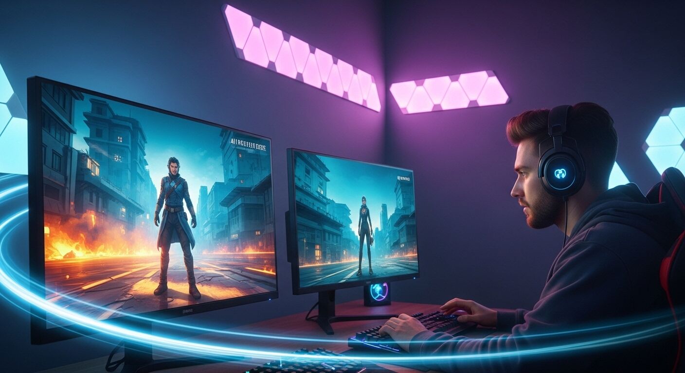 Pria yang memakai headphone memainkan video game di monitor ganda dengan grafis kota dan karakter yang futuristik