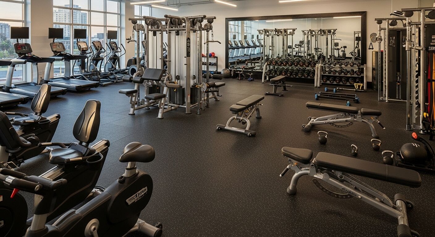 Interior gym modern dengan treadmill, sepeda stasioner, bangku beban, kettlebell, dan dinding cermin besar.