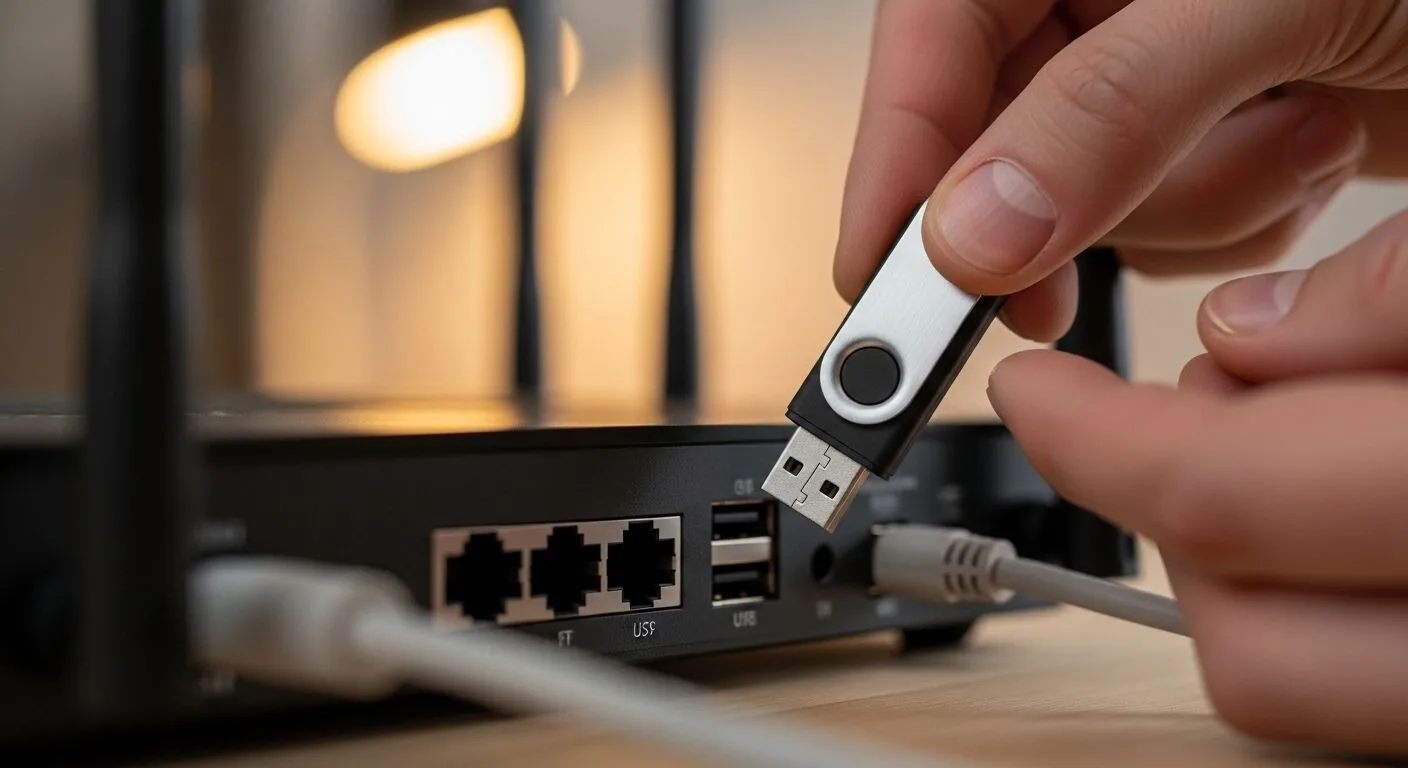 Memasukkan flash drive USB dengan tangan ke port USB router nirkabel pada permukaan kayu.
