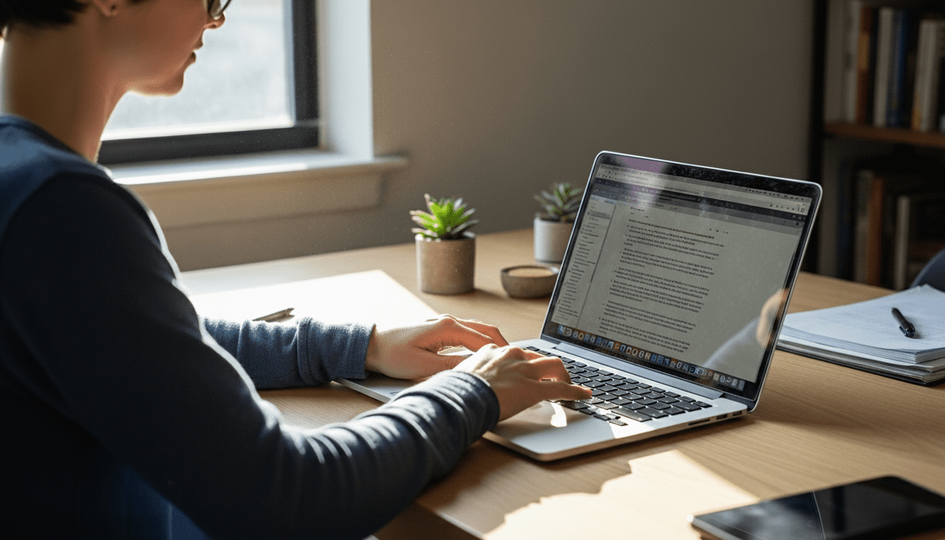 Seseorang mengetik di laptop MacBook di meja kayu dekat jendela dengan tanaman pot kecil dan buku catatan di dekatnya