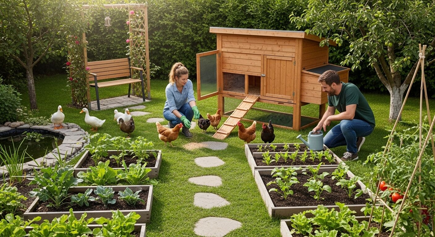 Pasangan merawat tempat tidur taman dan memberi makan ayam di dekat kandang ayam kayu di taman halaman belakang.