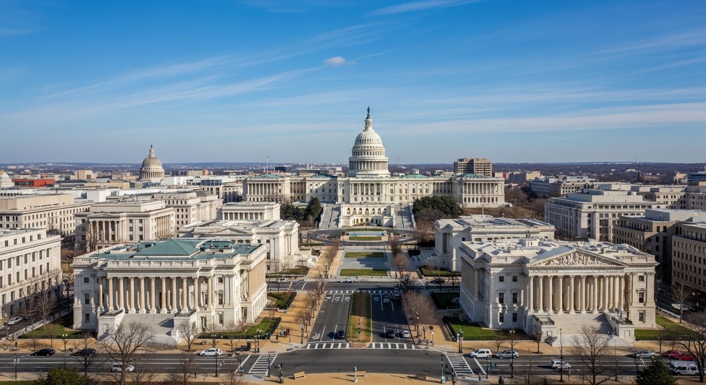 Pemandangan udara gedung Capitol Amerika Serikat dan gedung-gedung pemerintah di sekitarnya di Washington, DC