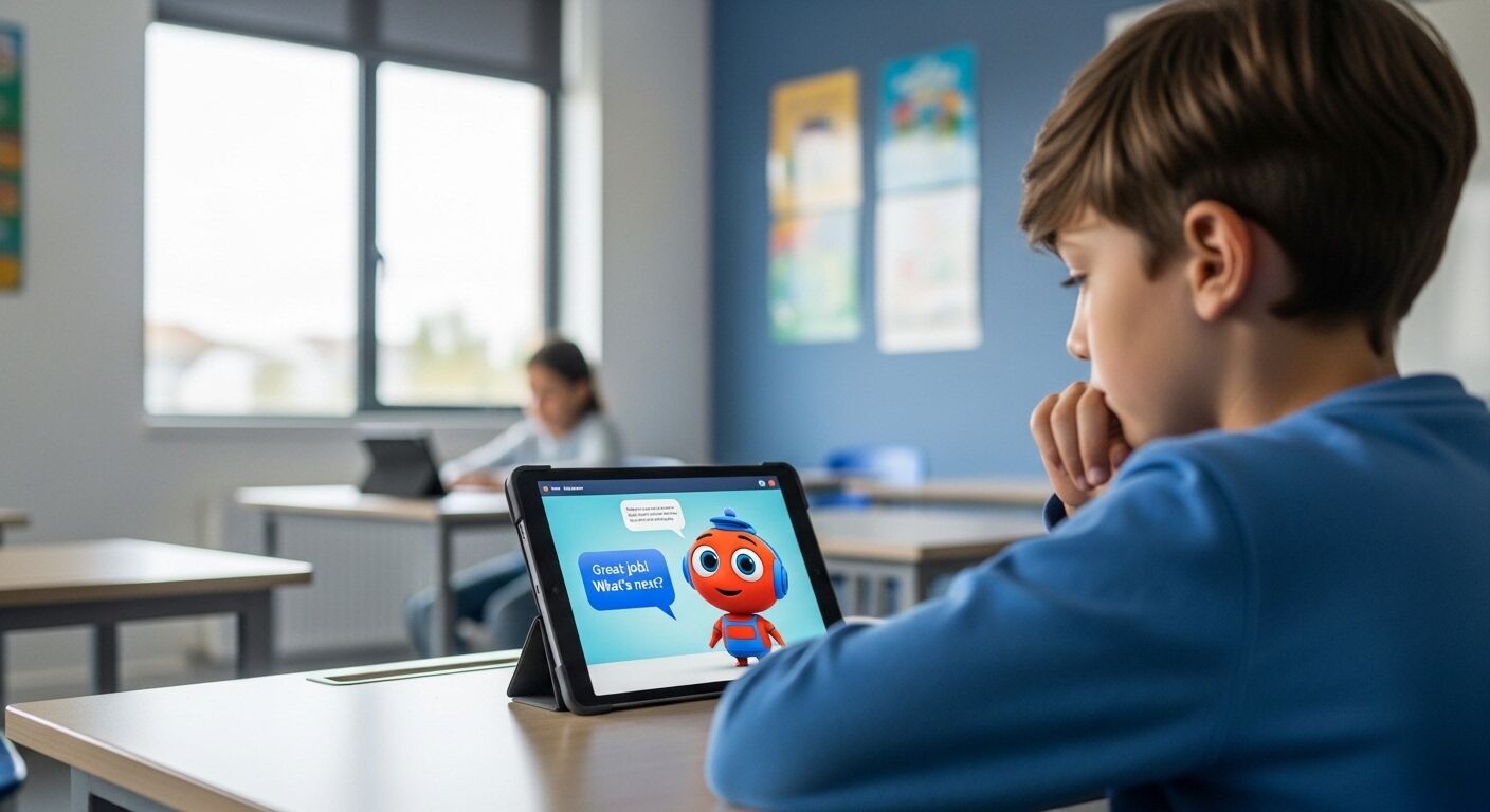 Anak laki-laki berkemeja biru menggunakan tablet dengan karakter animasi berkata 