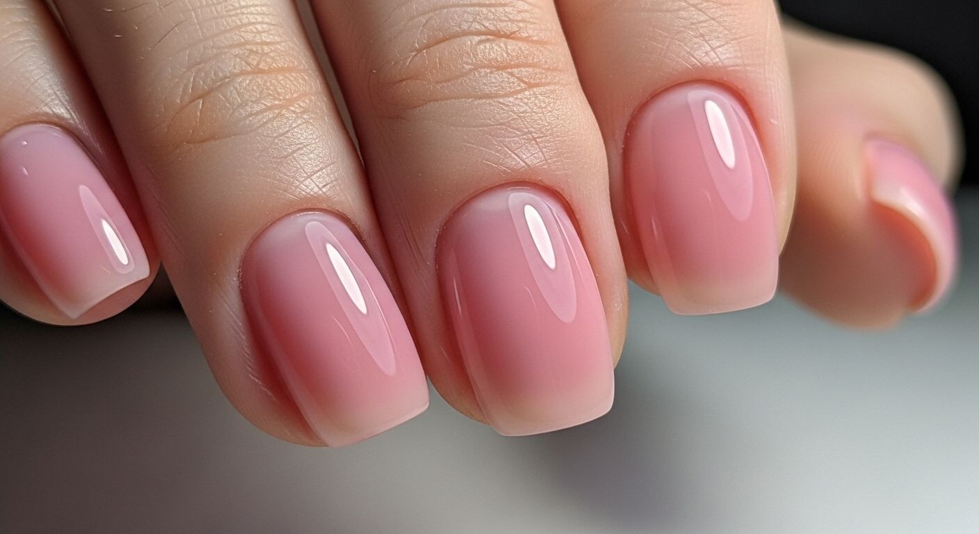 Tampilan jarak dekat dari empat jari dengan kuku gel ombre merah muda mengkilap.