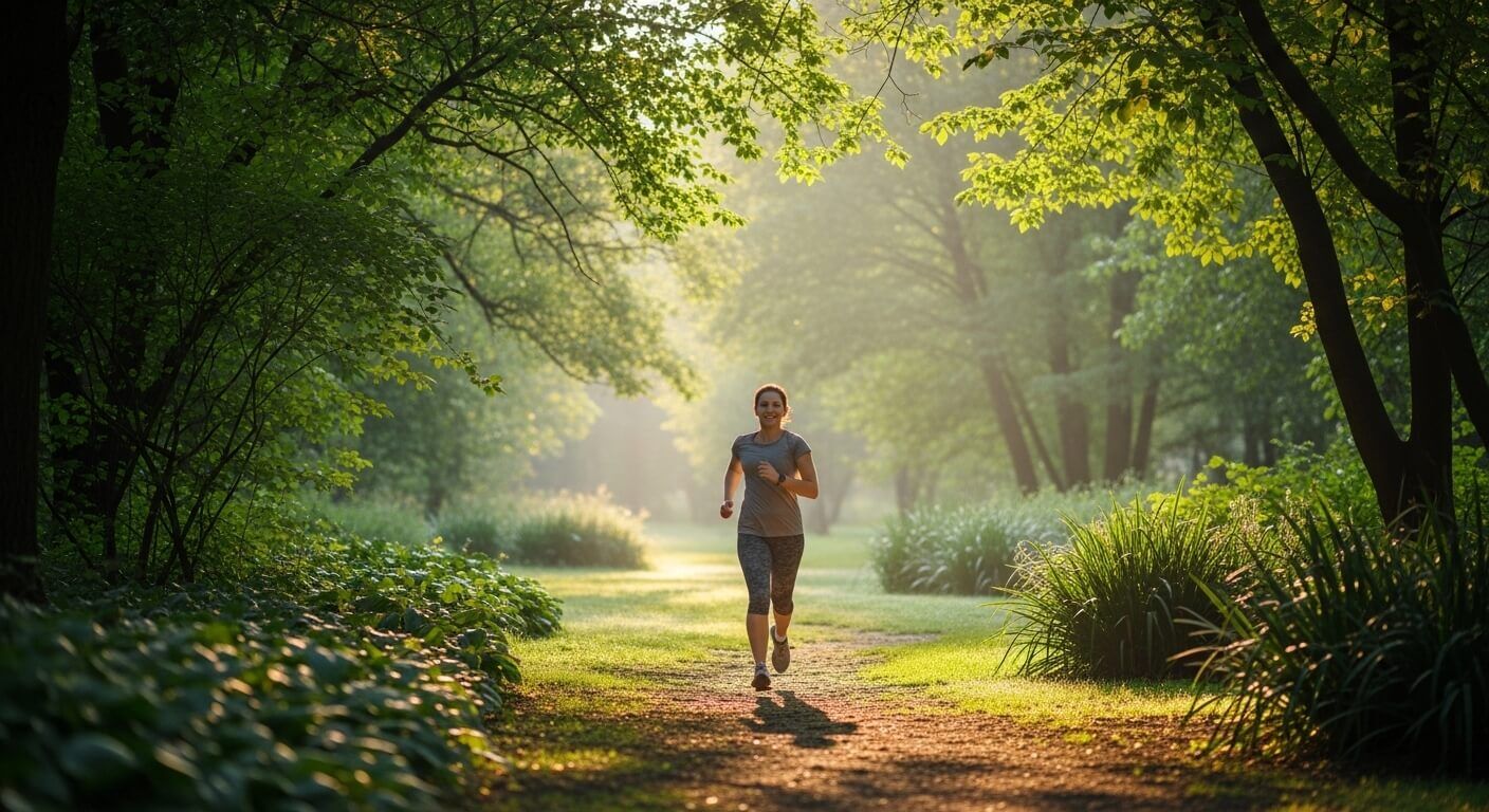 Wanita jogging di jalur hutan yang diterangi matahari dikelilingi pepohonan dan tanaman hijau