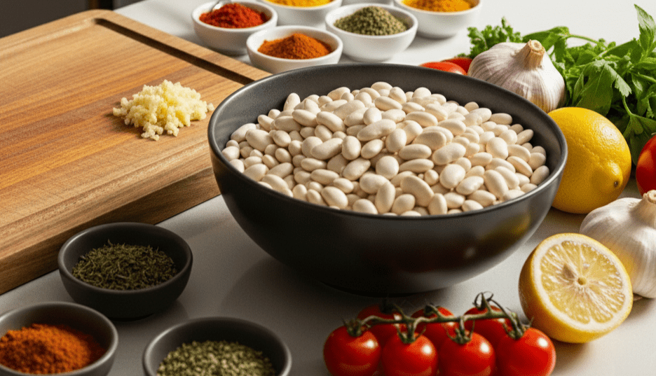 Mangkuk hitam berisi kacang putih dikelilingi tomat ceri, lemon, bawang putih, bawang putih cincang, dan aneka bumbu.