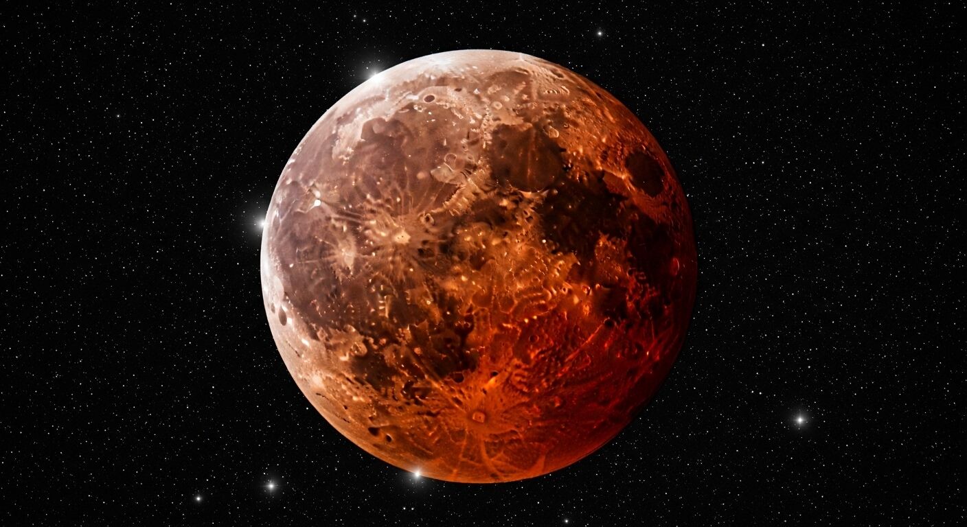 Planet merah Mars dengan kawah permukaan yang terlihat dan bintang-bintang di latar belakang