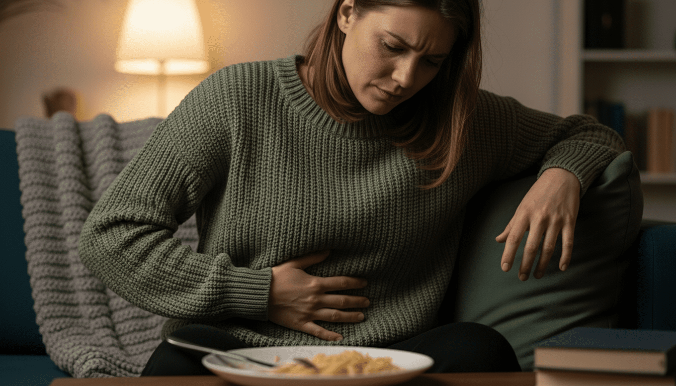Wanita bersweter hijau duduk di sofa sambil memegangi perutnya yang sakit dengan sepiring pasta di depannya